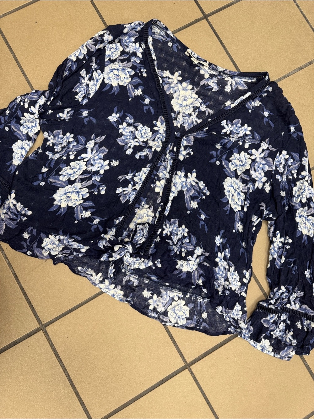 American Eagle Outfitters Navy Blue Floral Wrap Blouse